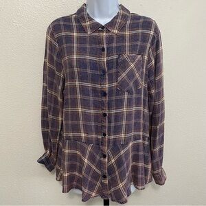 Women’s Plaid Lightweight Button Up Peplum‎ Shirt M Fall Grunge Rustic Cabincore